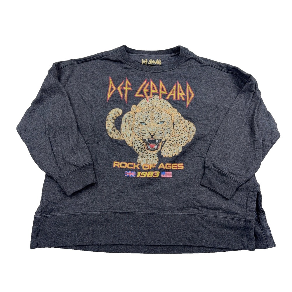 Def Leppard Sweatshirt Women XL Gray Crewneck Sweater Rock Of Ages Retro Ladies